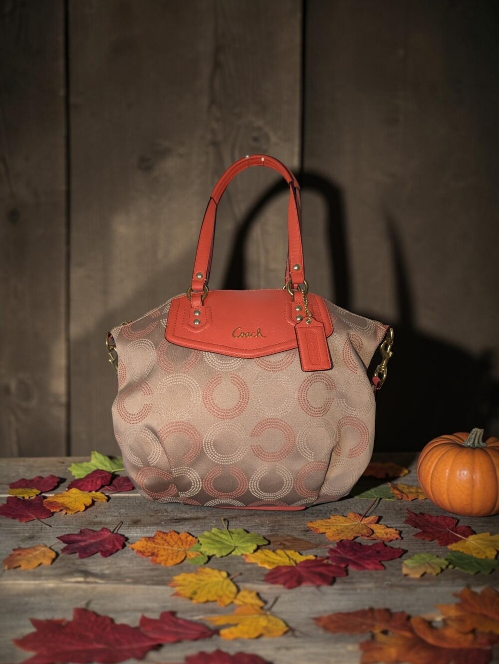 Coach Ashley Dotted Op Art Beige & Coral Satchel Detachable Shoulder Strap